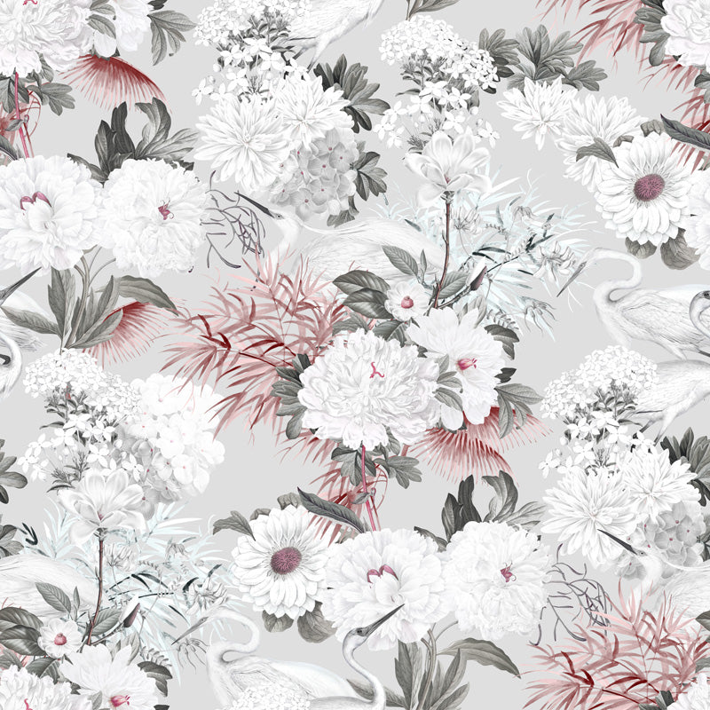 Floral wallpaper pattern with white, pink, and gray flowers on a light gray background