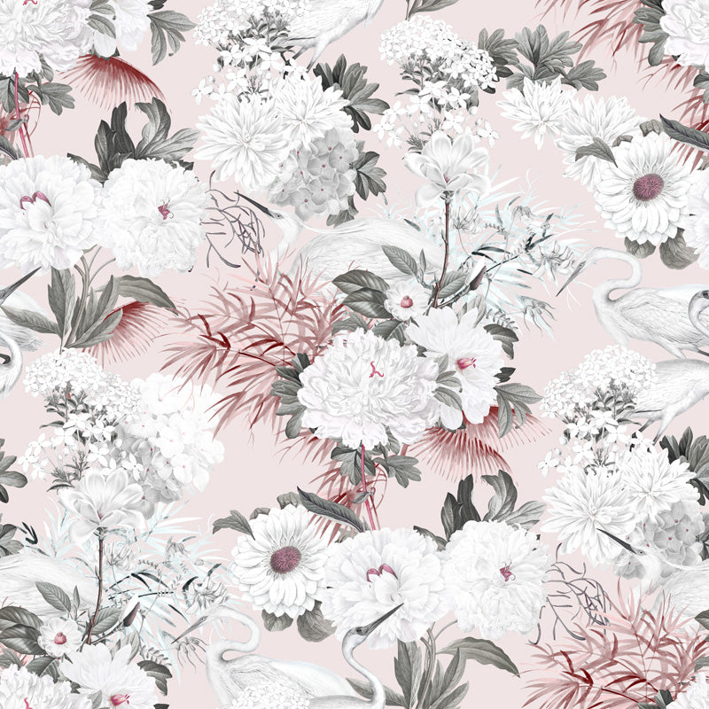 Floral wallpaper pattern with white, pink, and gray flowers on a light pink background