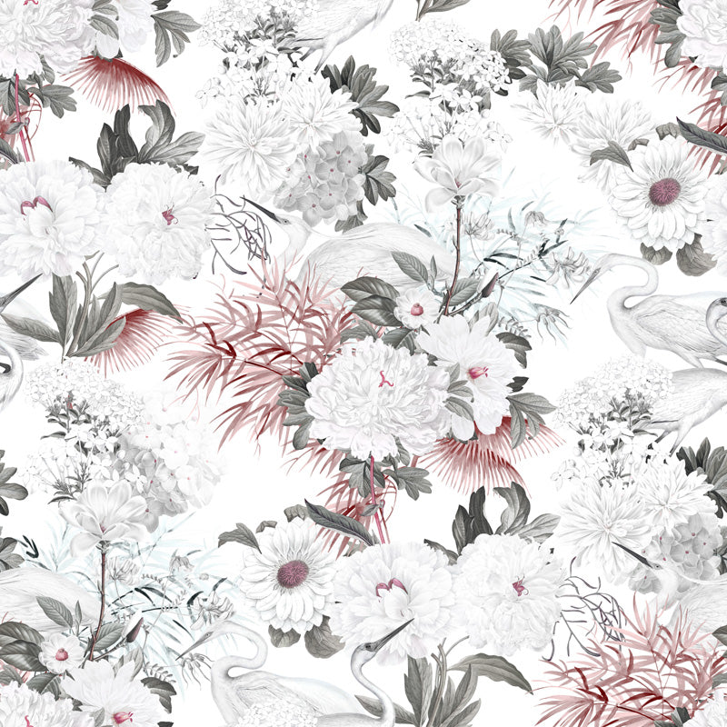 White floral wallpaper pattern with white, pink, and gray flowers on a white background