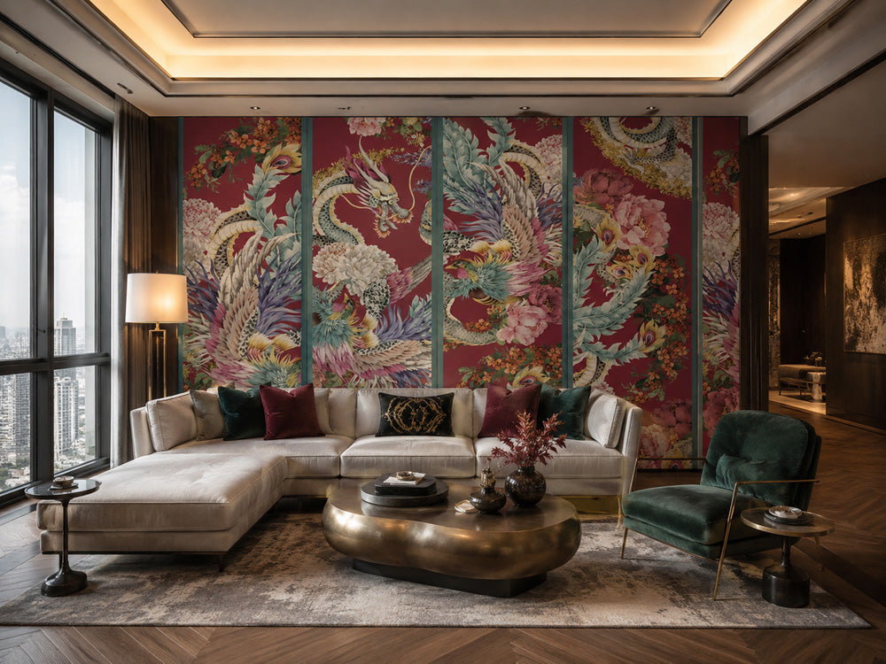 Dragon Phoenix Chinoiserie Wallpaper