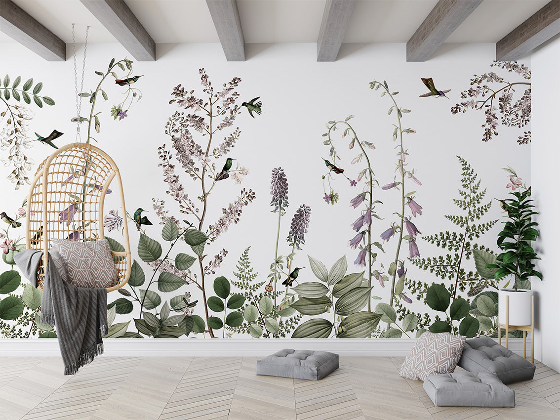 Hummingbird Hedge Floral Wallpaper Mural