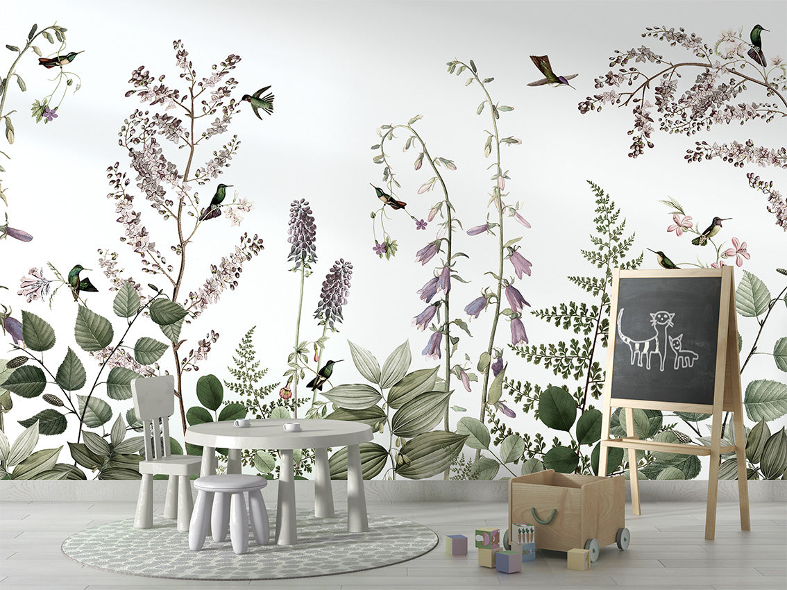 Hummingbird Hedge Floral Wallpaper Mural