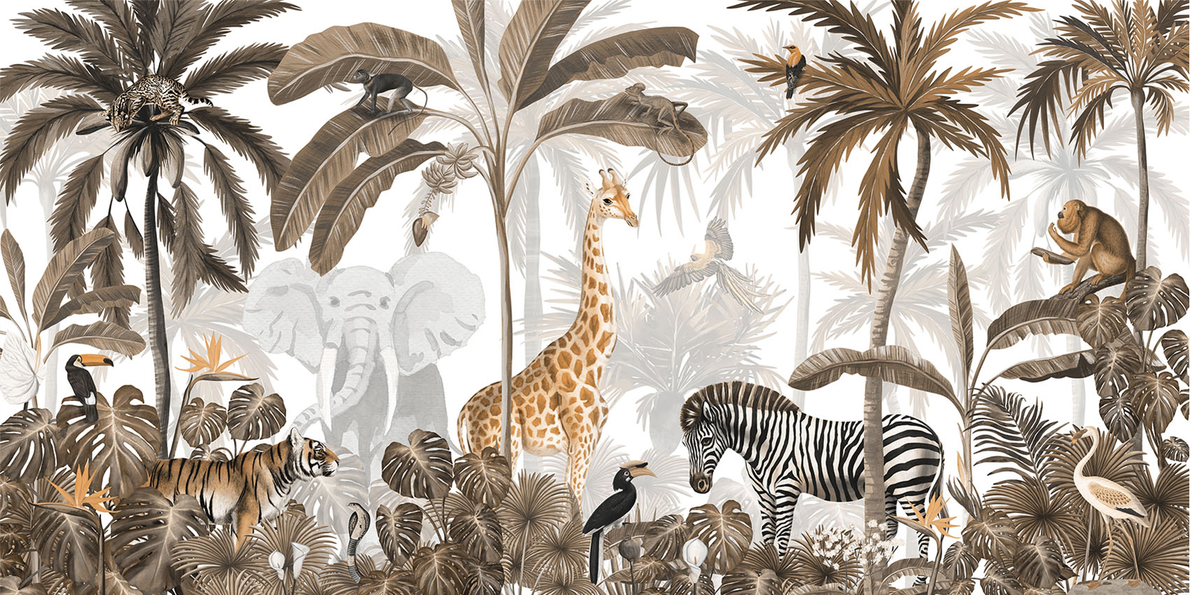 Jungle Jive Sepia Tropical Wallpaper Mural