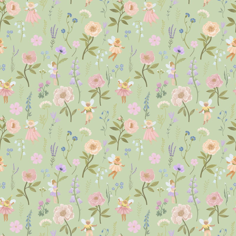 Fairy Meadow – Kids Wallpaper in Green, Pink & White