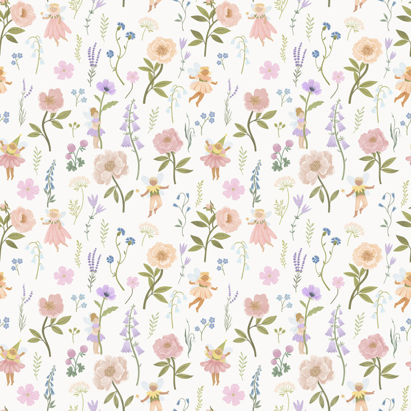 Fairy Meadow – Kids Wallpaper in Green, Pink & White