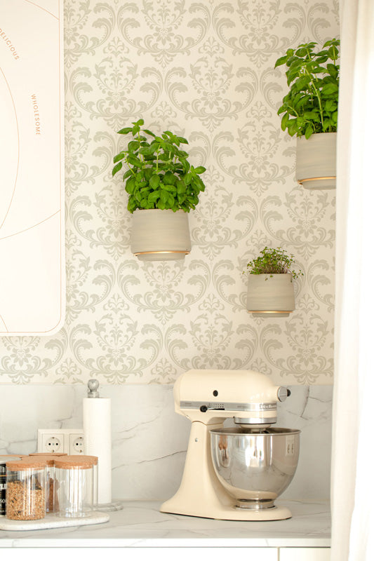 Kitchen scene with a stand mixer, potted plants, and white wallpaper.