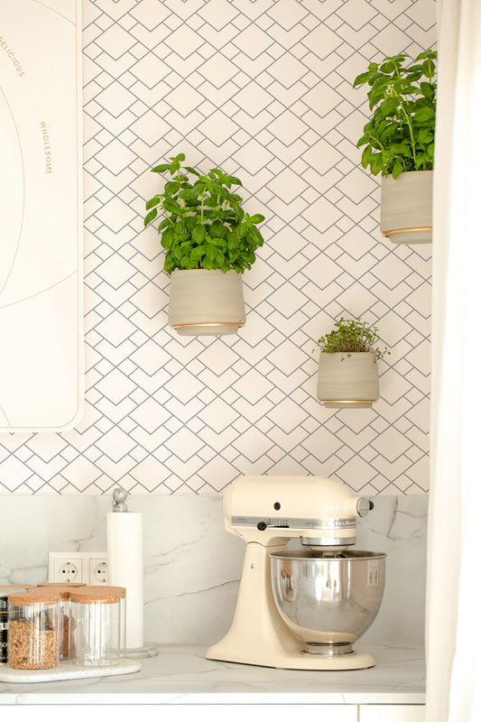 Kitchen scene with a stand mixer, herbs in pots on the wall, and white wallpaper.