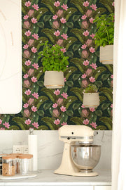 Pink Protea Canopy – Botanical Wallpaper in Green & Blush
