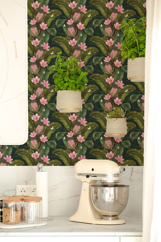 Pink Protea Canopy – Botanical Wallpaper in Green & Blush