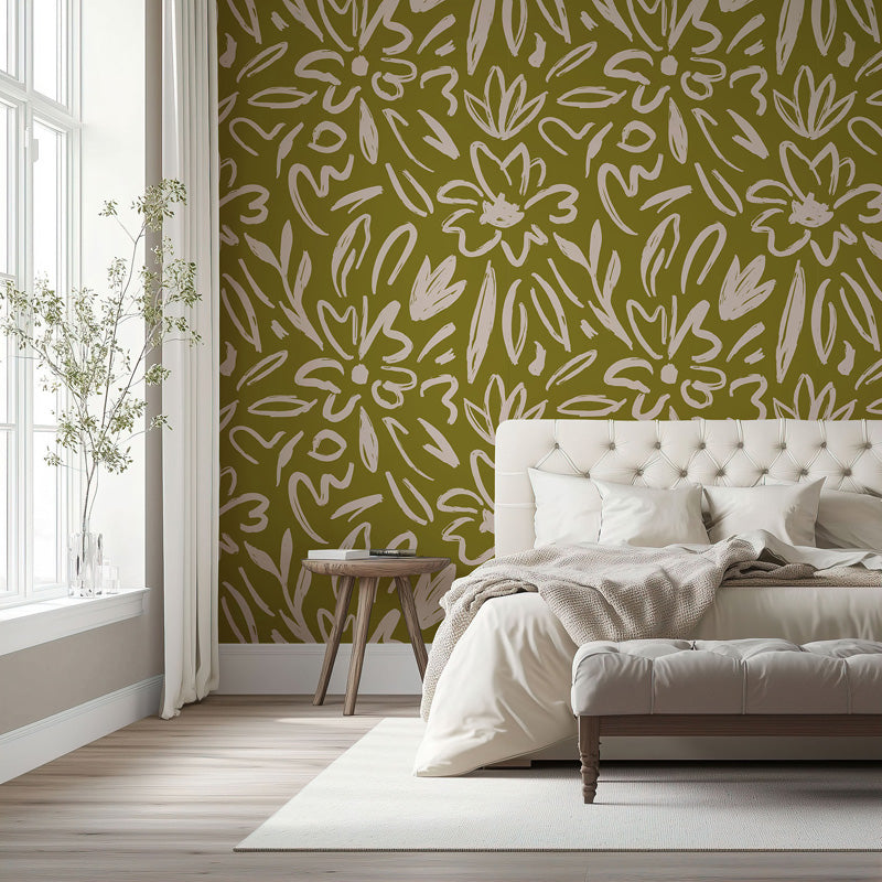 Bedroom with green floral wallpaper and a white bed.
