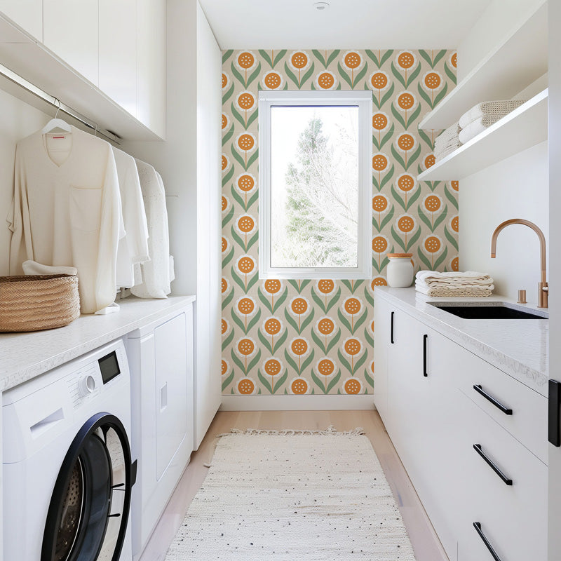 Folk Petal – Retro Floral Wallpaper in Warm Neutrals