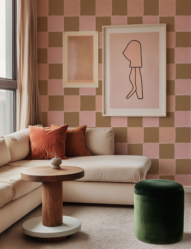 Living room with checkered wallpaper, sofa, and decorative items