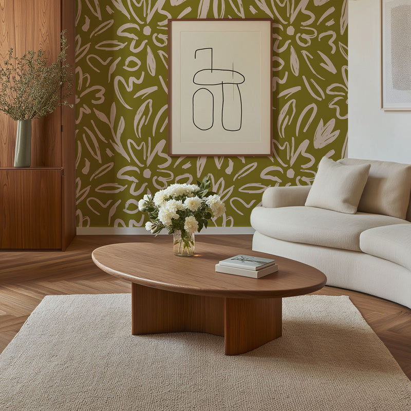 Modern living room with a wooden coffee table, white sofa, and floral wallpaper.