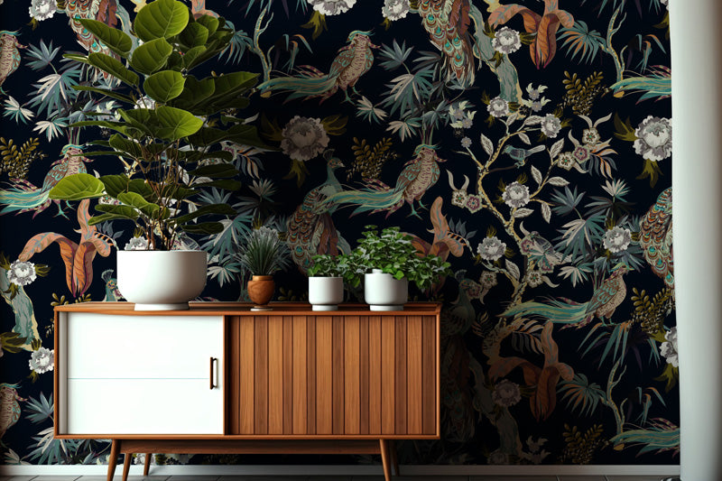 Midnight Peacock Pavilion – Wallpaper in Dark Jewel Tones