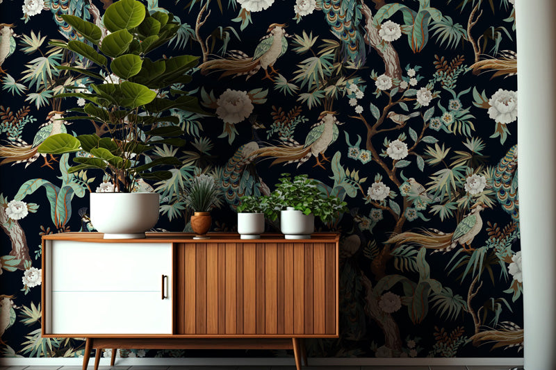 Midnight Peacock Pavilion – Wallpaper in Dark Jewel Tones