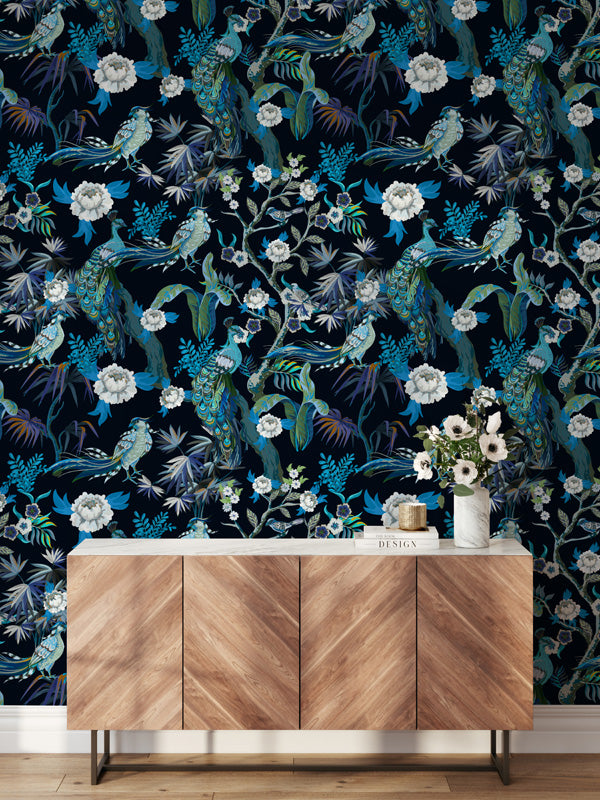 Midnight Peacock Pavilion – Wallpaper in Dark Jewel Tones