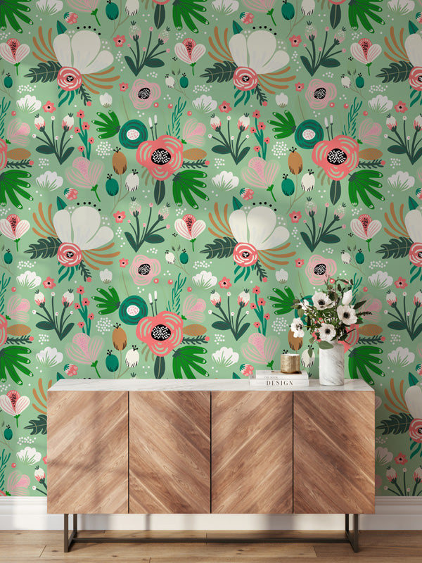 Floral Garden Folk Art Wallpaper