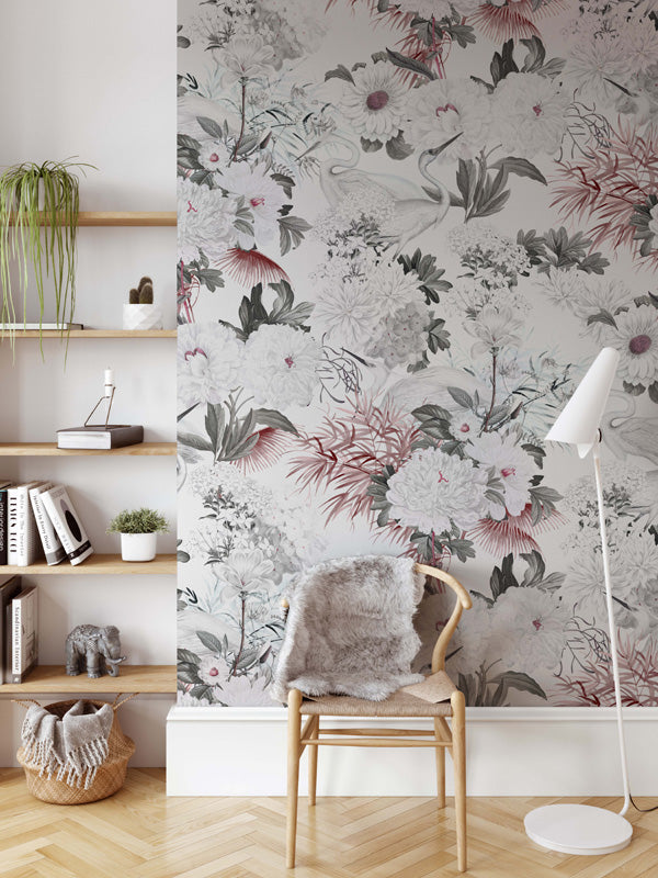 Room interior with floral wallpaper, wooden chair, and decorative items.