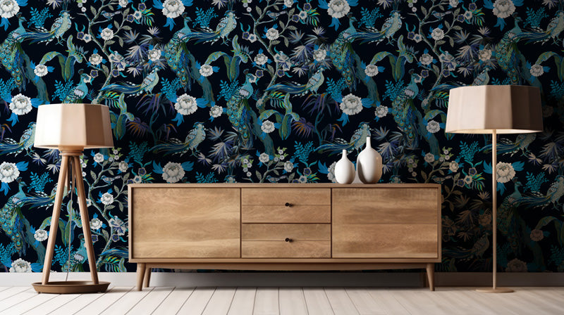 Midnight Peacock Pavilion – Wallpaper in Dark Jewel Tones