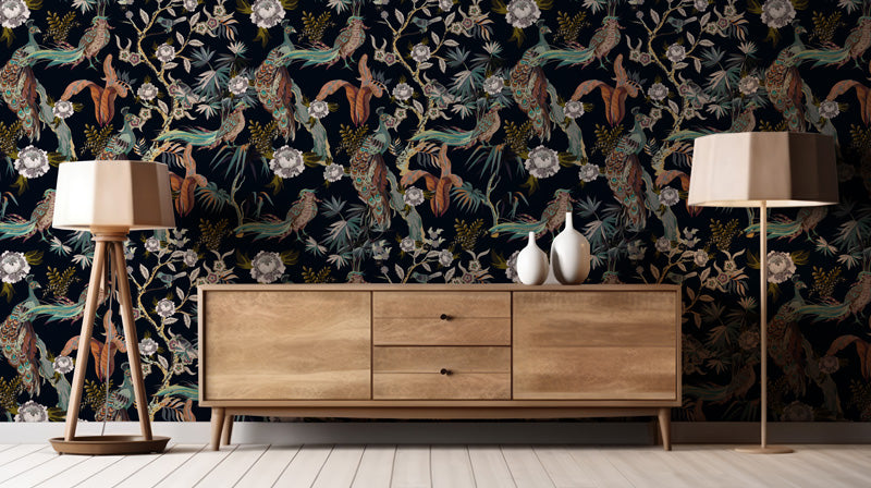 Midnight Peacock Pavilion – Wallpaper in Dark Jewel Tones