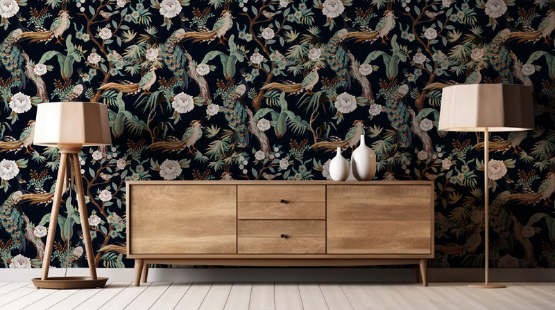 Midnight Peacock Pavilion – Wallpaper in Dark Jewel Tones