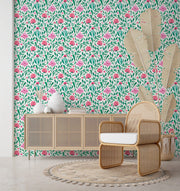 Garden Whispers – Floral Wallpaper in Green & Pink