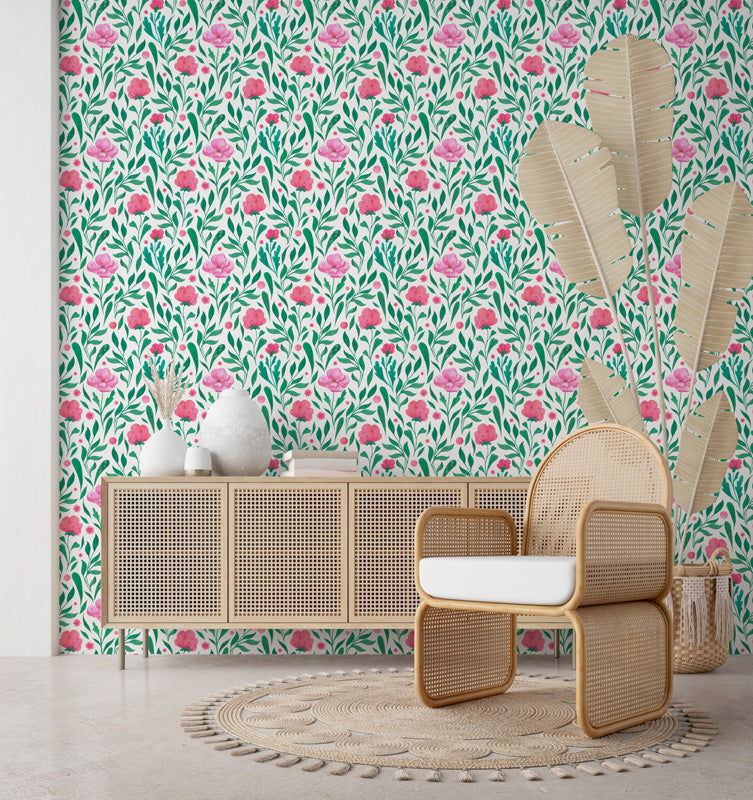 Garden Whispers – Floral Wallpaper in Green & Pink