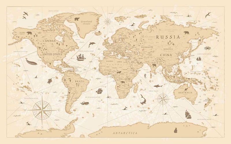 Vintage Explorer World Map – Mural in Antique Beige