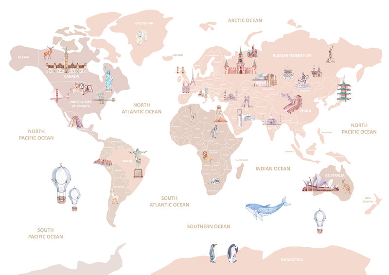 Map Generic Pastel Buy Soft Illustrated World Map Mural – Pastel Educational Design Online ...