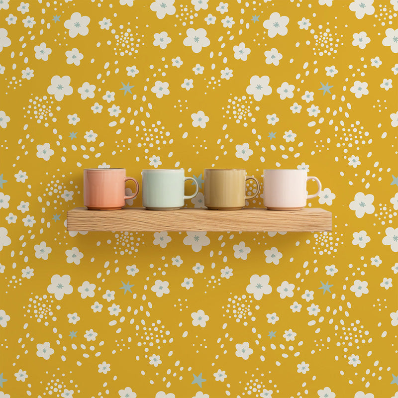 Stardust Petals – Playful Floral Wallpaper in Soft Pastels