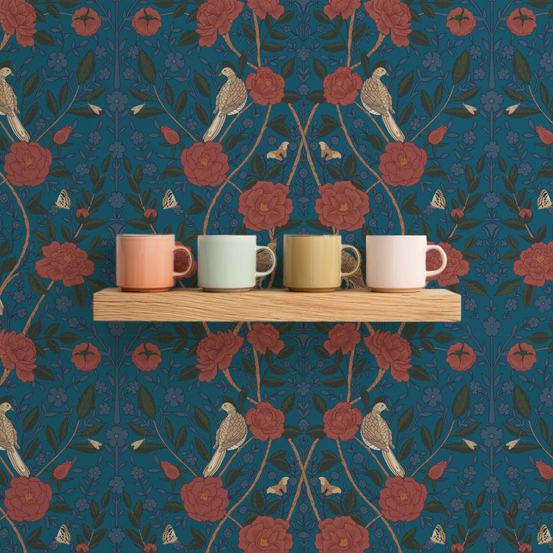Four mugs on a wooden shelf against a floral willian morris walpaper background