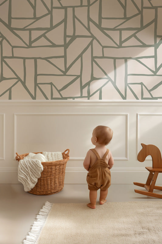 Fragmented Pathways – Hand-Drawn Abstract Wallpaper in Monochrome or Soft Green