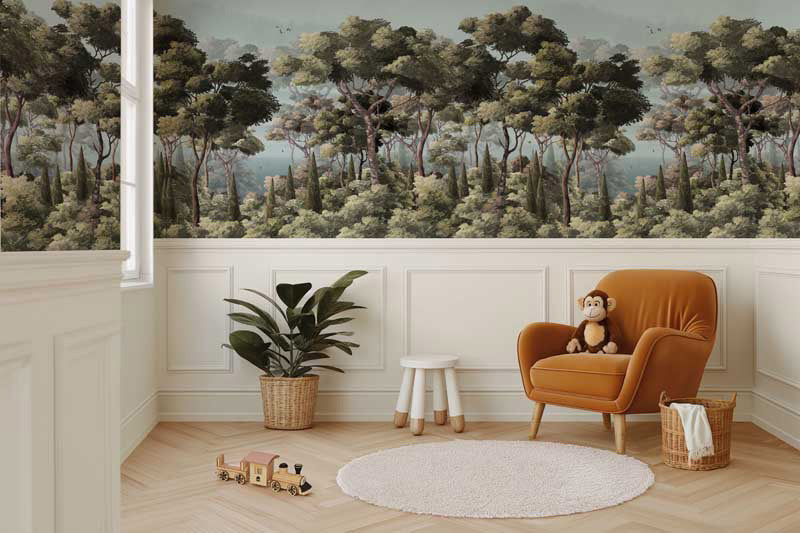 Children's room with forest mural, orange chair, and toys on wooden floor.