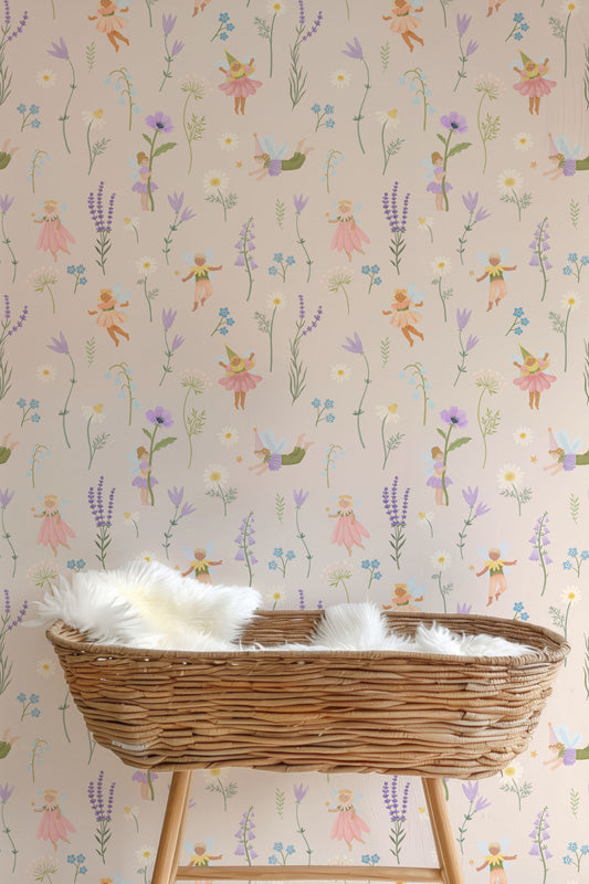 Fairy Meadow Garden – Kids Wallpaper in Soft Pastels