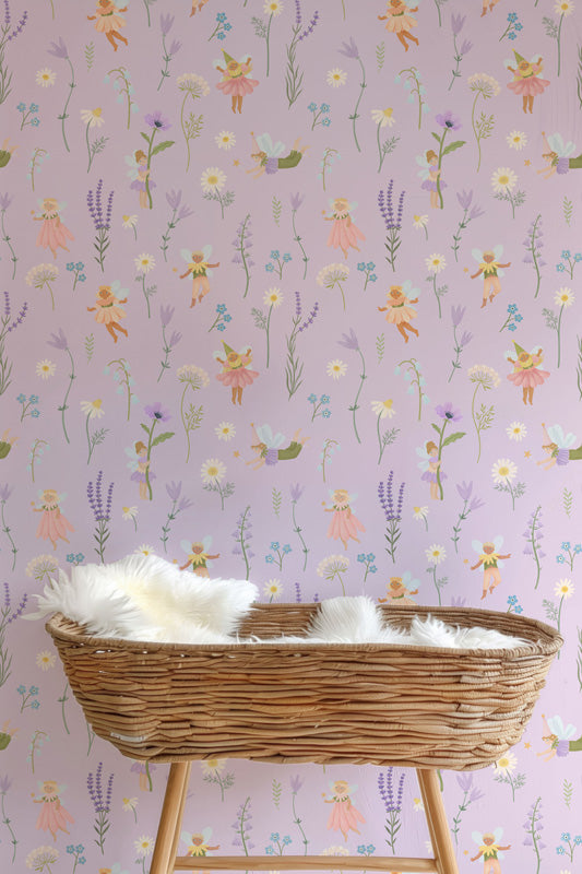Fairy Meadow Garden – Kids Wallpaper in Soft Pastels