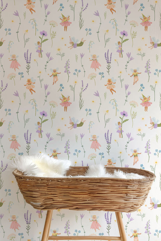 Fairy Meadow Garden – Kids Wallpaper in Soft Pastels