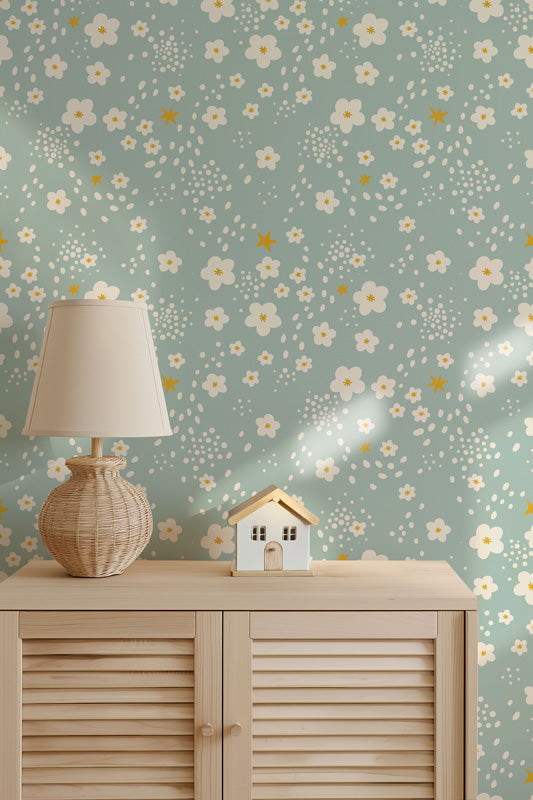 Stardust Petals – Playful Floral Wallpaper in Soft Pastels