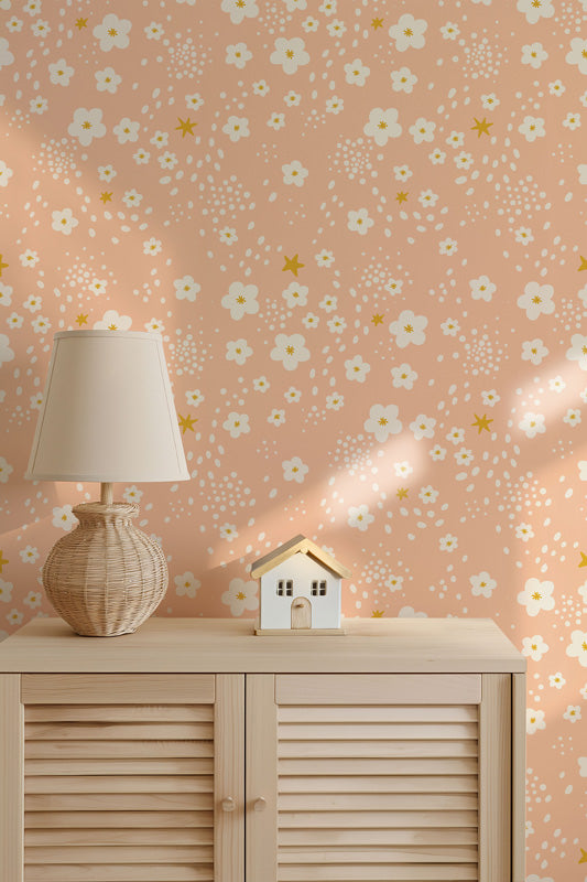 Stardust Petals – Playful Floral Wallpaper in Soft Pastels