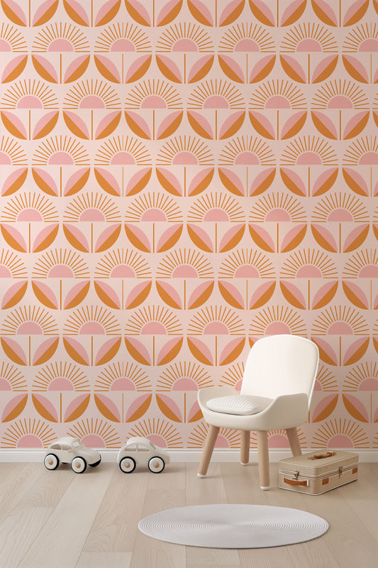 Sunrise Folk – Retro Geometric Wallpaper in Blush and Ochre