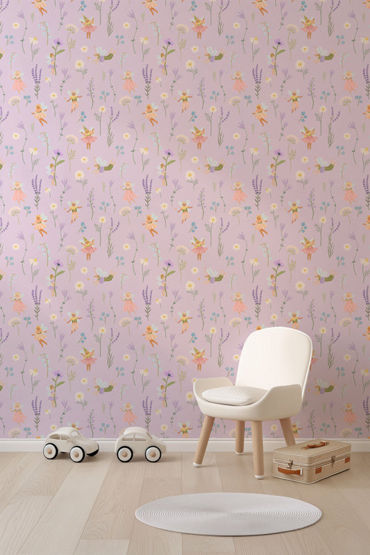 Fairy Meadow Garden – Kids Wallpaper in Soft Pastels