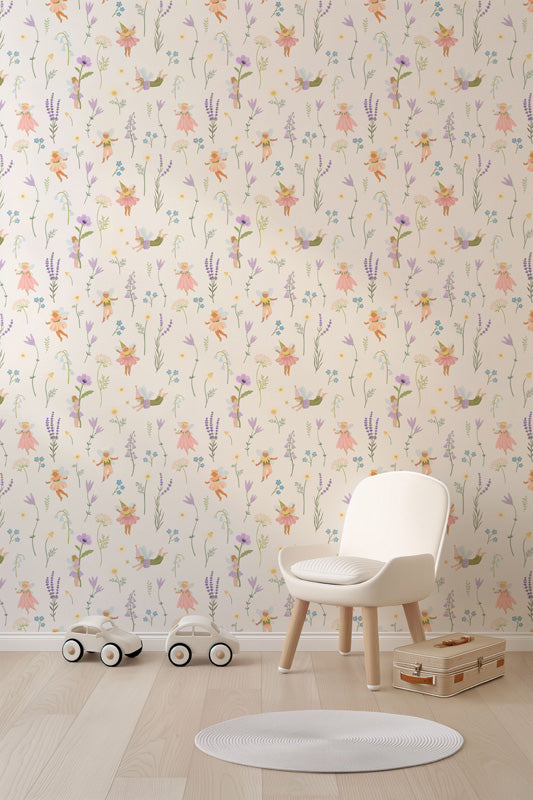 Fairy Meadow Garden – Kids Wallpaper in Soft Pastels