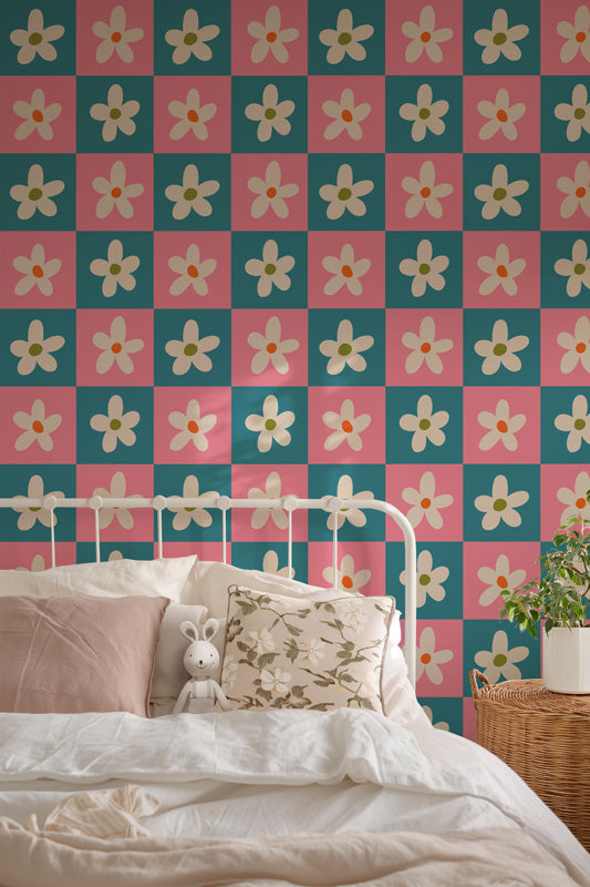 Flower Check Floral Wallpaper – Playful Geometric Design