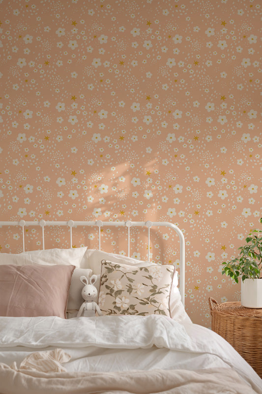 Stardust Petals – Playful Floral Wallpaper in Soft Pastels