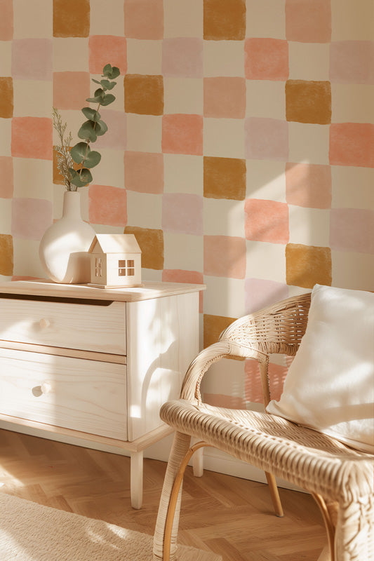 Soft Checkerboard Wallpaper – Hand-Painted Squares Design