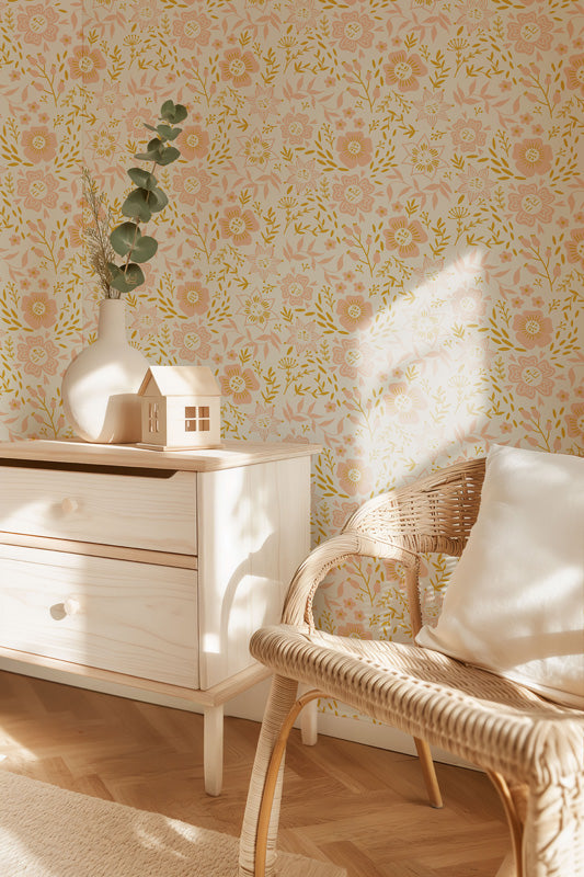 Celestial Bloom – Whimsical Floral Wallpaper in Soft Pastels