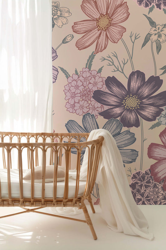 Crib with a floral wall mural in a nursery setting