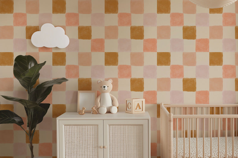 Soft Checkerboard Wallpaper – Hand-Painted Squares Design