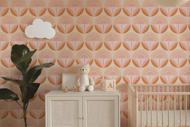 Sunrise Folk – Retro Geometric Wallpaper in Blush and Ochre