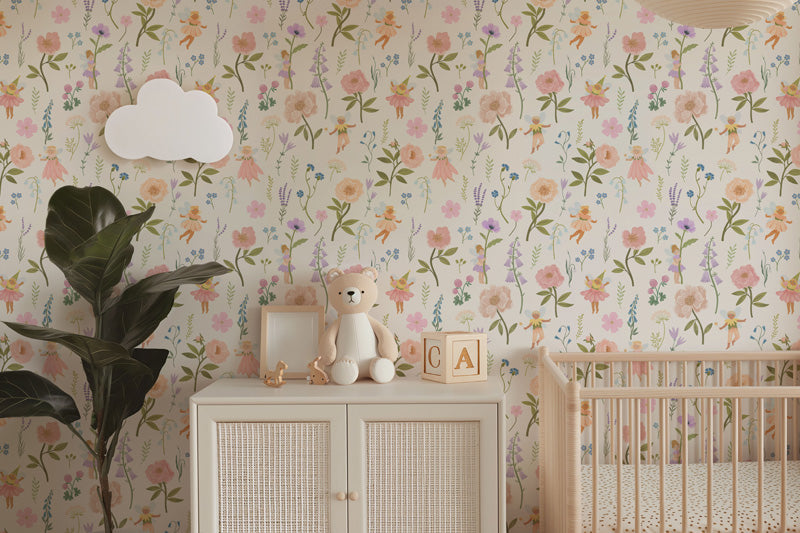 Fairy Meadow – Kids Wallpaper in Green, Pink & White