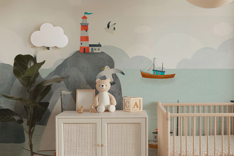 Coastal Lighthouse Harbour – Kids Mural in Soft Blue